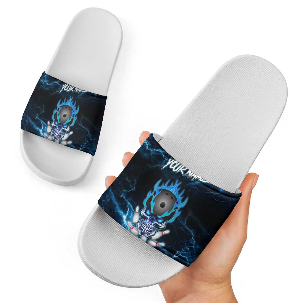 Personalized Bowling Skull Slide Sandals with Blue Flame Energy and Electric Lightning Strike Pattern - Wonder Print Shop