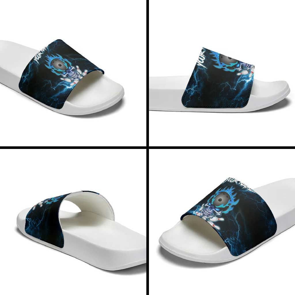 Personalized Bowling Skull Slide Sandals with Blue Flame Energy and Electric Lightning Strike Pattern - Wonder Print Shop