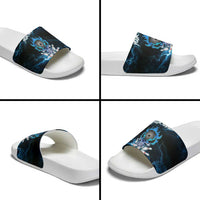 Personalized Bowling Skull Slide Sandals with Blue Flame Energy and Electric Lightning Strike Pattern - Wonder Print Shop