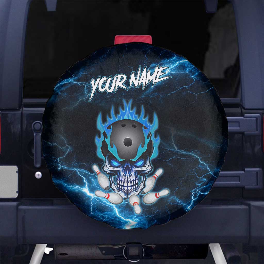 Personalized Bowling Skull Spare Tire Cover with Blue Flame Energy and Electric Lightning Strike Pattern - Wonder Print Shop