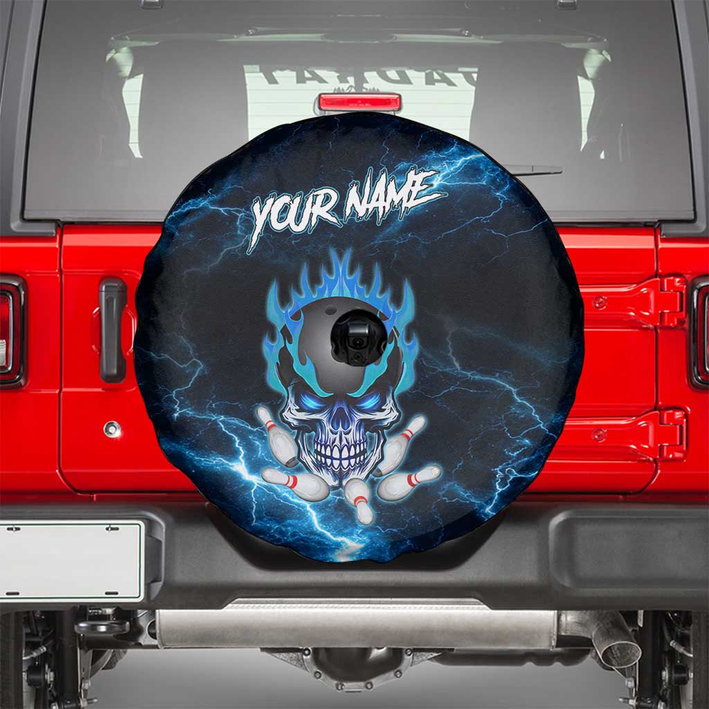 Personalized Bowling Skull Spare Tire Cover with Blue Flame Energy and Electric Lightning Strike Pattern - Wonder Print Shop