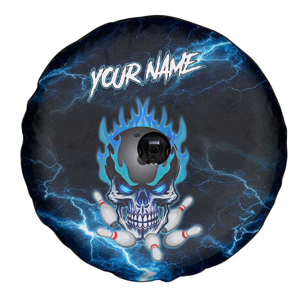 Personalized Bowling Skull Spare Tire Cover with Blue Flame Energy and Electric Lightning Strike Pattern - Wonder Print Shop