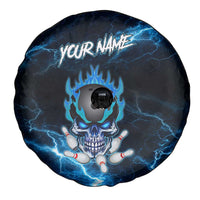 Personalized Bowling Skull Spare Tire Cover with Blue Flame Energy and Electric Lightning Strike Pattern - Wonder Print Shop