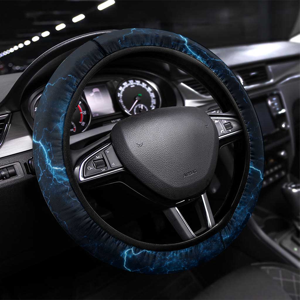 Bowling Skull Steering Wheel Cover with Blue Flame Energy and Electric Lightning Strike Pattern - Wonder Print Shop