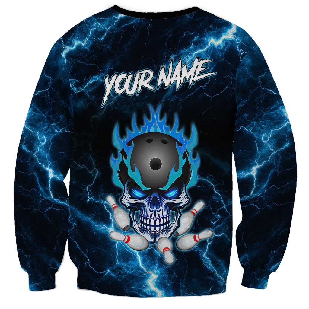 Personalized Bowling Skull Sweatshirt with Blue Flame Energy and Electric Lightning Strike Pattern - Wonder Print Shop