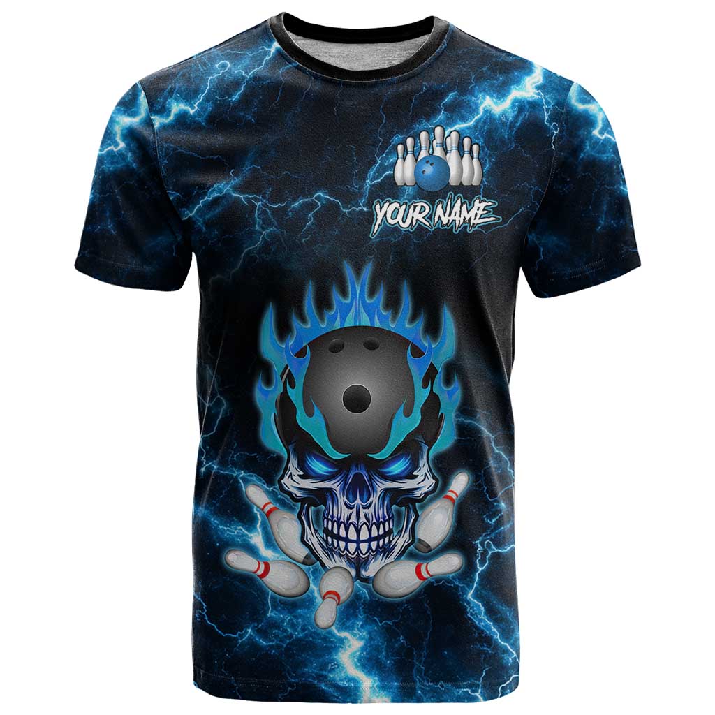 Personalized Bowling Skull T Shirt with Blue Flame Energy and Electric Lightning Strike Pattern - Wonder Print Shop