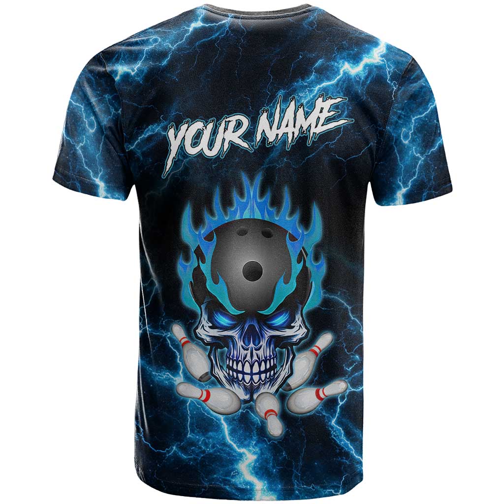 Personalized Bowling Skull T Shirt with Blue Flame Energy and Electric Lightning Strike Pattern - Wonder Print Shop