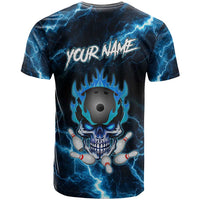 Personalized Bowling Skull T Shirt with Blue Flame Energy and Electric Lightning Strike Pattern - Wonder Print Shop