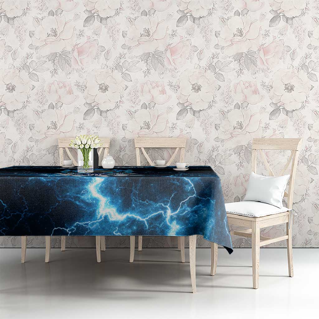 Personalized Bowling Skull Tablecloth with Blue Flame Energy and Electric Lightning Strike Pattern - Wonder Print Shop