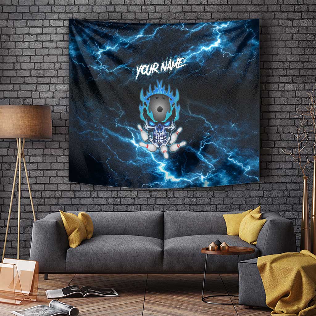 Personalized Bowling Skull Tapestry with Blue Flame Energy and Electric Lightning Strike Pattern - Wonder Print Shop