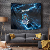 Personalized Bowling Skull Tapestry with Blue Flame Energy and Electric Lightning Strike Pattern - Wonder Print Shop