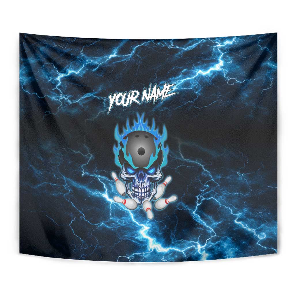 Personalized Bowling Skull Tapestry with Blue Flame Energy and Electric Lightning Strike Pattern - Wonder Print Shop