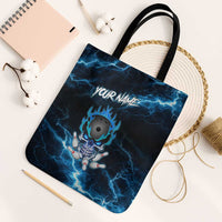 Personalized Bowling Skull Tote Bag with Blue Flame Energy and Electric Lightning Strike Pattern - Wonder Print Shop