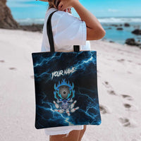 Personalized Bowling Skull Tote Bag with Blue Flame Energy and Electric Lightning Strike Pattern - Wonder Print Shop