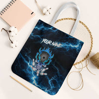 Personalized Bowling Skull Tote Bag with Blue Flame Energy and Electric Lightning Strike Pattern - Wonder Print Shop