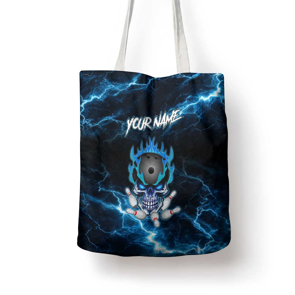 Personalized Bowling Skull Tote Bag with Blue Flame Energy and Electric Lightning Strike Pattern - Wonder Print Shop