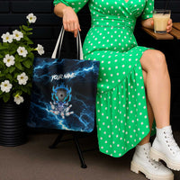 Personalized Bowling Skull Tote Bag with Blue Flame Energy and Electric Lightning Strike Pattern - Wonder Print Shop