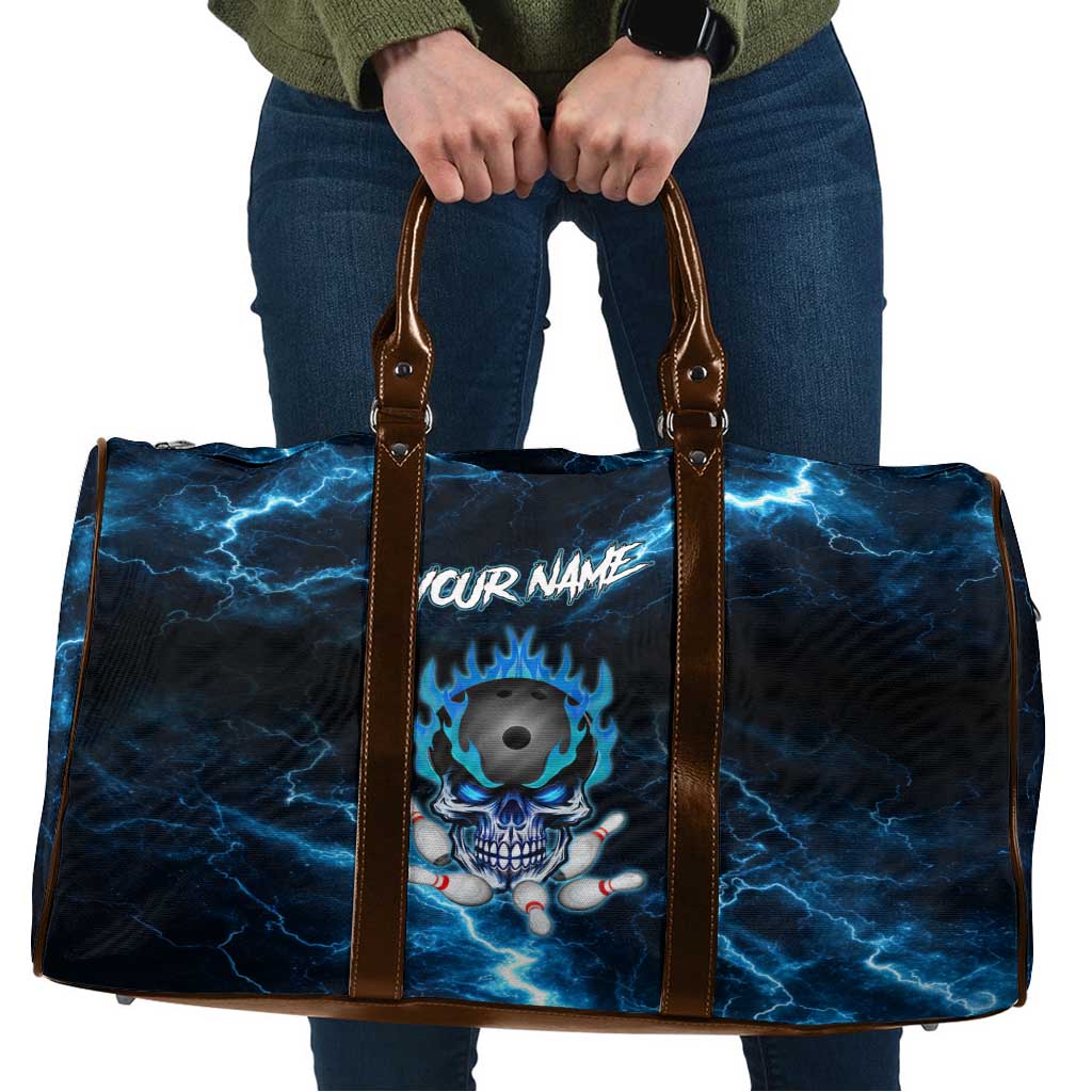 Personalized Bowling Skull Travel Bag with Blue Flame Energy and Electric Lightning Strike Pattern - Wonder Print Shop