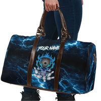 Personalized Bowling Skull Travel Bag with Blue Flame Energy and Electric Lightning Strike Pattern - Wonder Print Shop