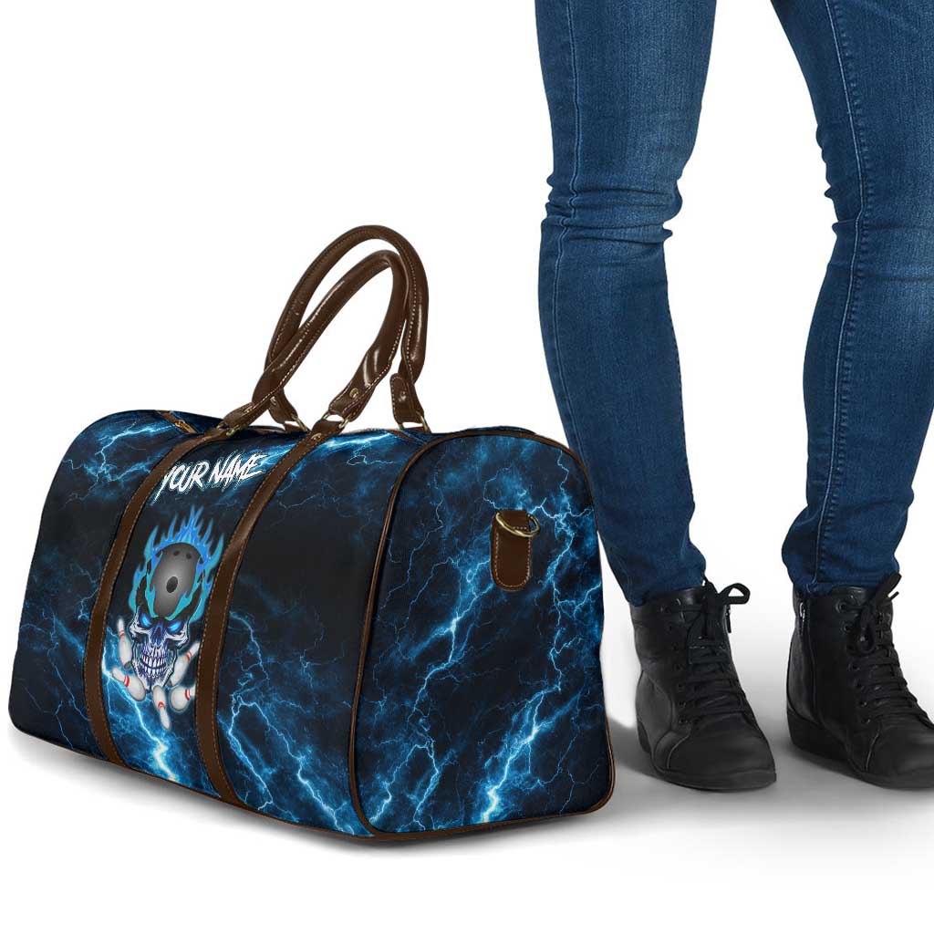 Personalized Bowling Skull Travel Bag with Blue Flame Energy and Electric Lightning Strike Pattern - Wonder Print Shop
