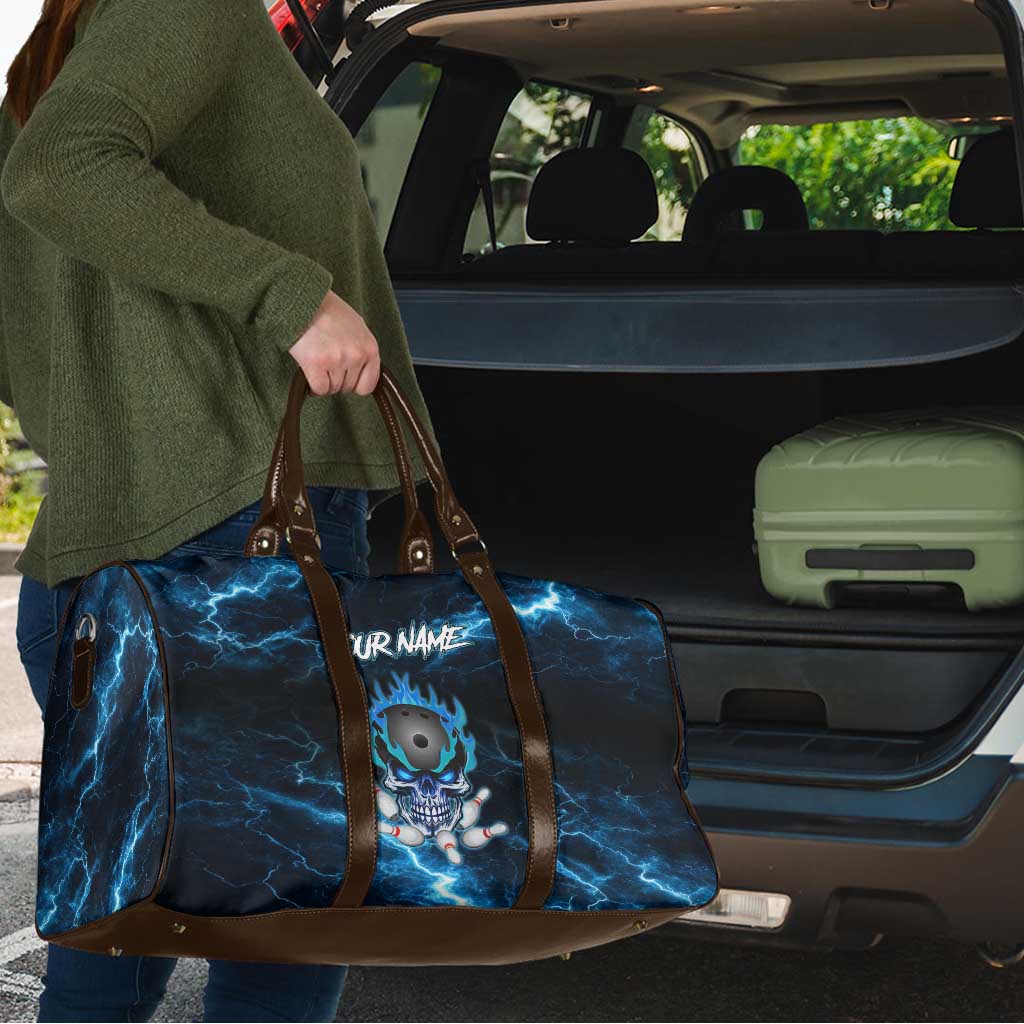 Personalized Bowling Skull Travel Bag with Blue Flame Energy and Electric Lightning Strike Pattern - Wonder Print Shop