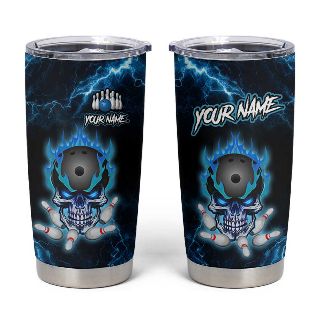 Personalized Bowling Skull Tumbler Cup with Blue Flame Energy and Electric Lightning Strike Pattern - Wonder Print Shop