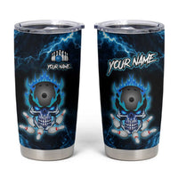 Personalized Bowling Skull Tumbler Cup with Blue Flame Energy and Electric Lightning Strike Pattern - Wonder Print Shop