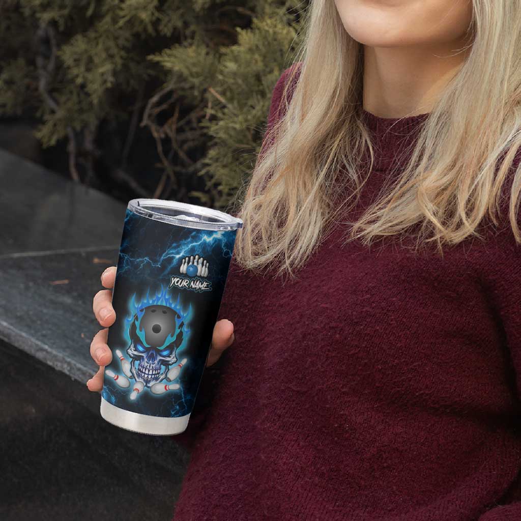 Personalized Bowling Skull Tumbler Cup with Blue Flame Energy and Electric Lightning Strike Pattern - Wonder Print Shop