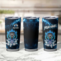 Personalized Bowling Skull Tumbler Cup with Blue Flame Energy and Electric Lightning Strike Pattern - Wonder Print Shop