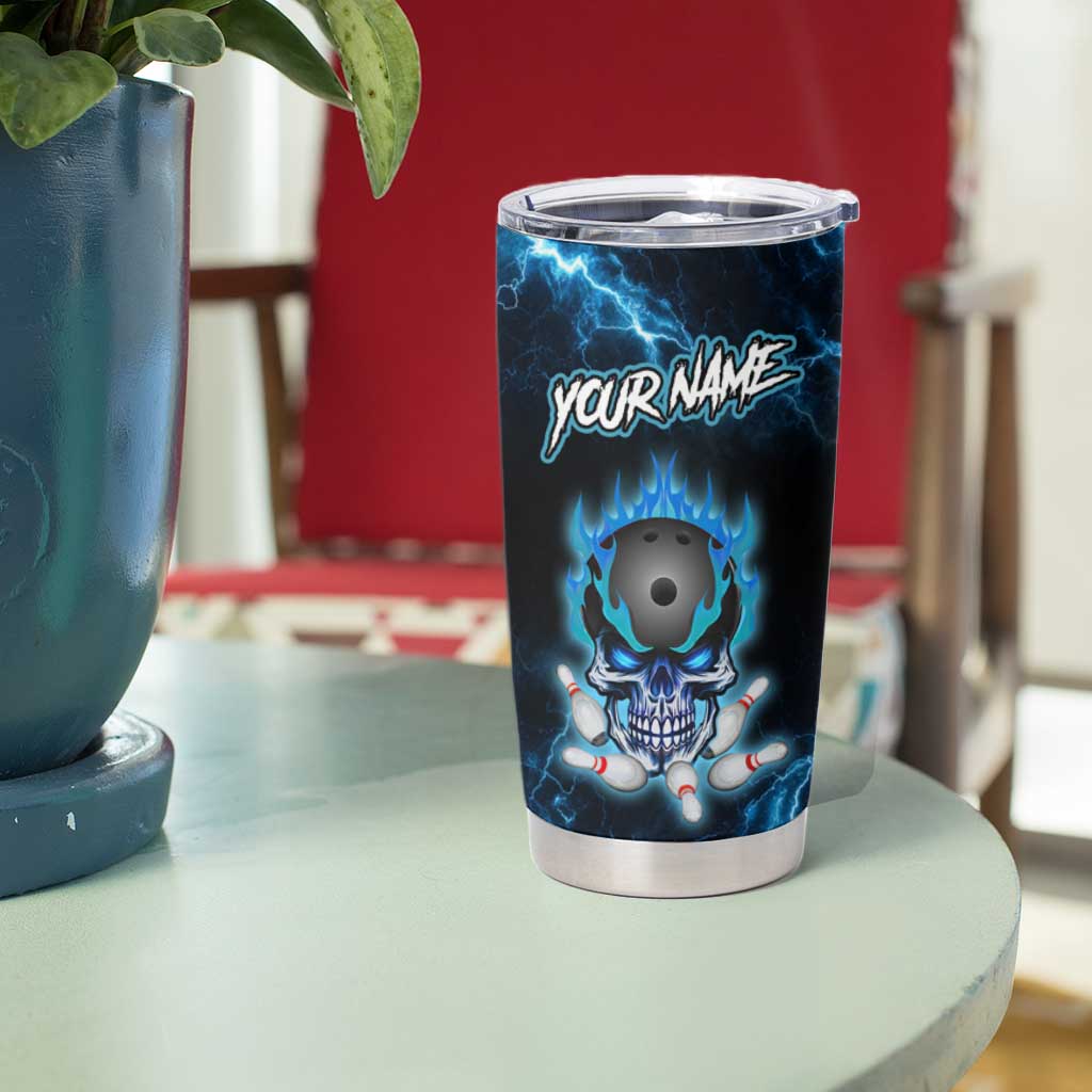 Personalized Bowling Skull Tumbler Cup with Blue Flame Energy and Electric Lightning Strike Pattern - Wonder Print Shop