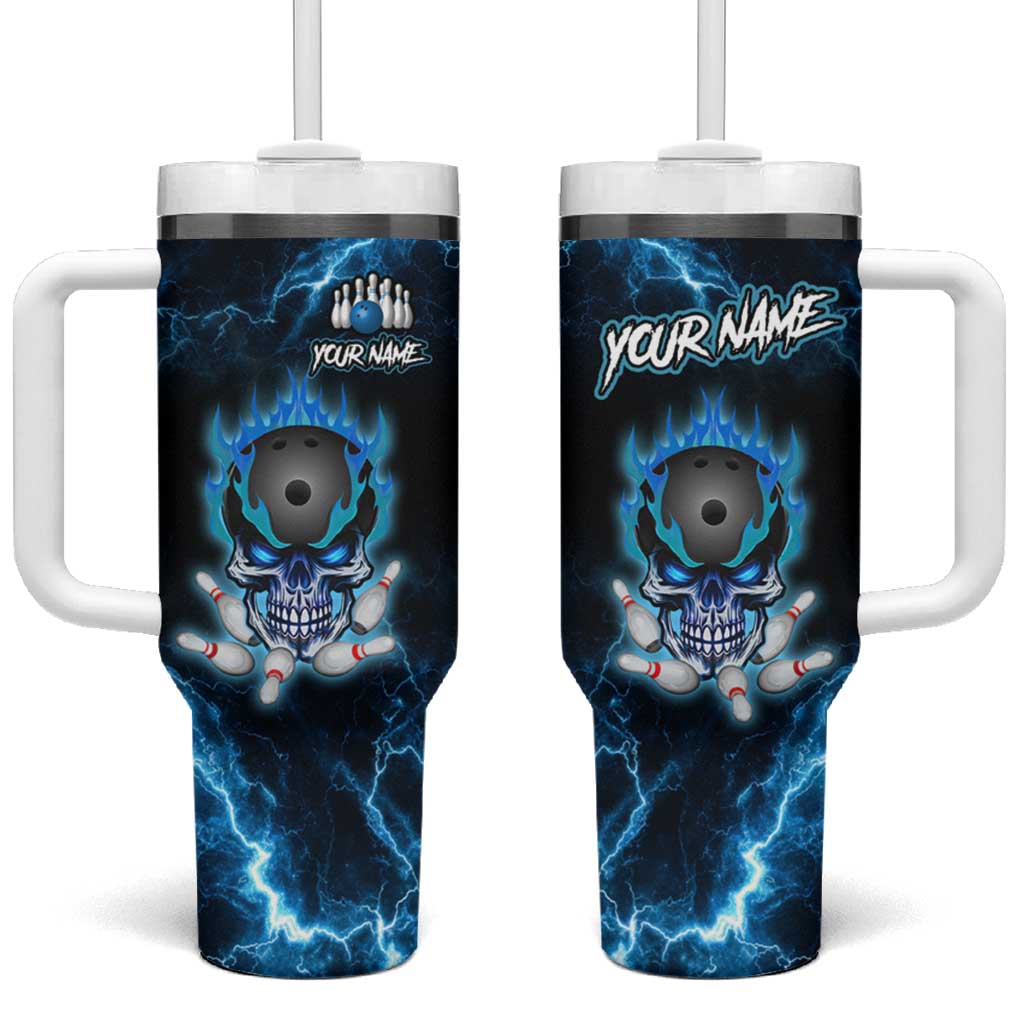 Personalized Bowling Skull Tumbler With Handle with Blue Flame Energy and Electric Lightning Strike Pattern - Wonder Print Shop