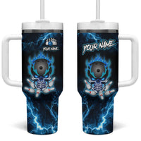 Personalized Bowling Skull Tumbler With Handle with Blue Flame Energy and Electric Lightning Strike Pattern - Wonder Print Shop