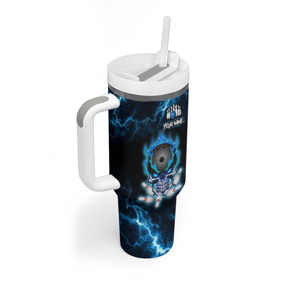 Personalized Bowling Skull Tumbler With Handle with Blue Flame Energy and Electric Lightning Strike Pattern - Wonder Print Shop