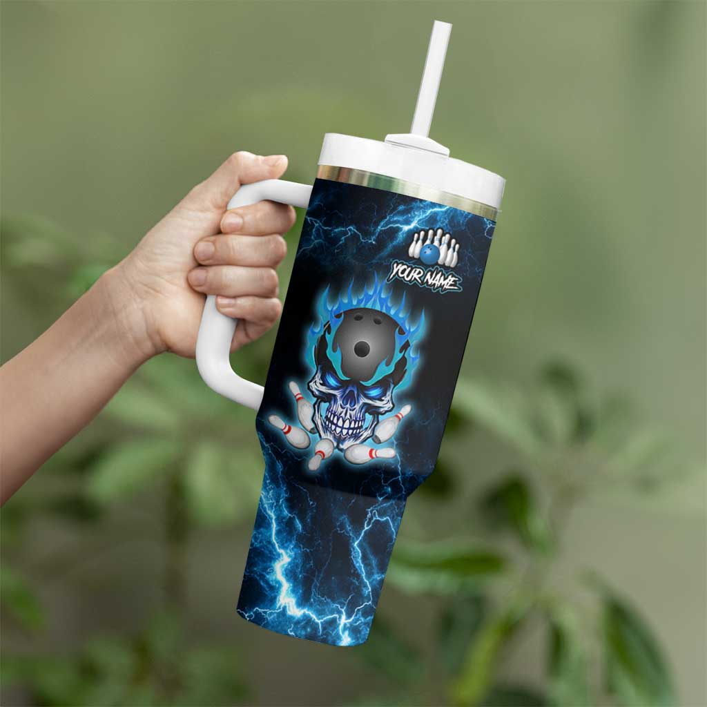 Personalized Bowling Skull Tumbler With Handle with Blue Flame Energy and Electric Lightning Strike Pattern - Wonder Print Shop