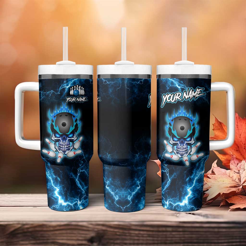Personalized Bowling Skull Tumbler With Handle with Blue Flame Energy and Electric Lightning Strike Pattern - Wonder Print Shop