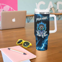 Personalized Bowling Skull Tumbler With Handle with Blue Flame Energy and Electric Lightning Strike Pattern - Wonder Print Shop