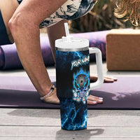 Personalized Bowling Skull Tumbler With Handle with Blue Flame Energy and Electric Lightning Strike Pattern - Wonder Print Shop