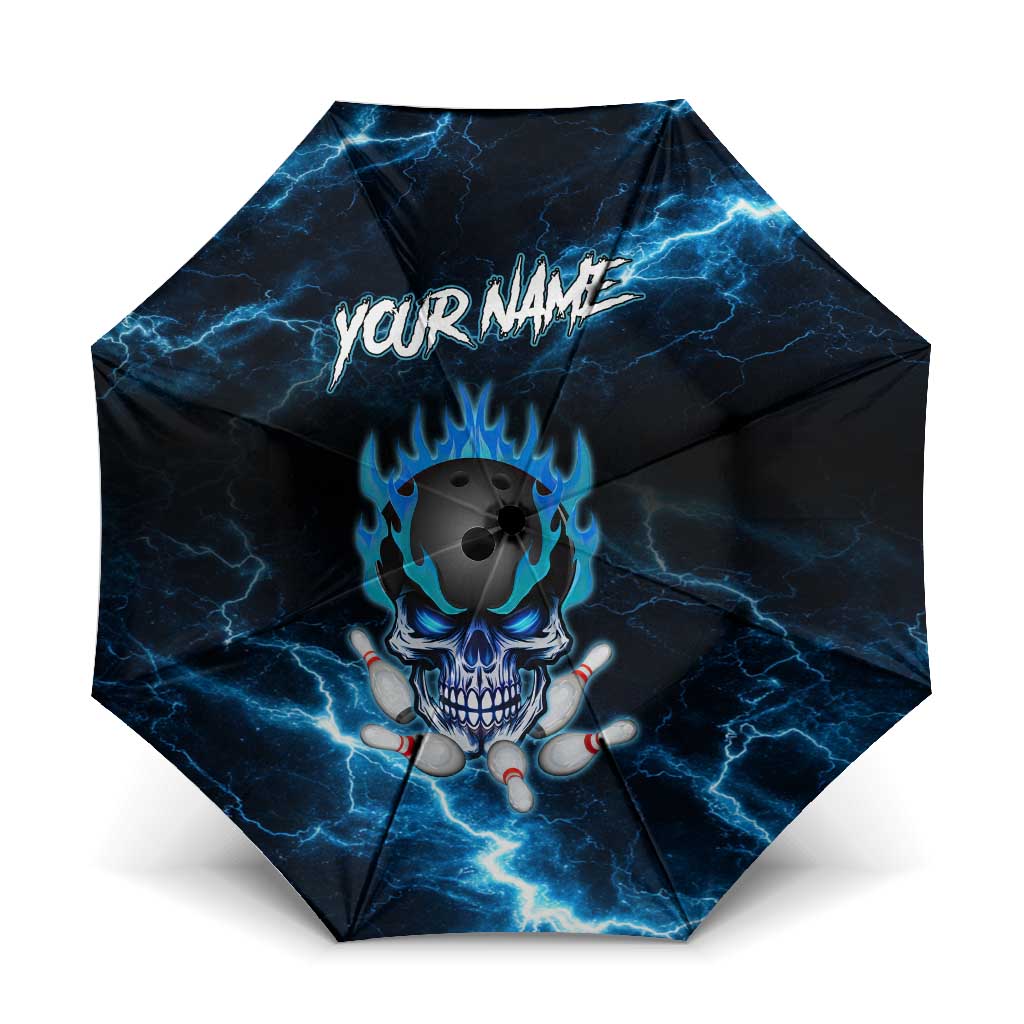 Personalized Bowling Skull Umbrella with Blue Flame Energy and Electric Lightning Strike Pattern - Wonder Print Shop