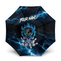 Personalized Bowling Skull Umbrella with Blue Flame Energy and Electric Lightning Strike Pattern - Wonder Print Shop