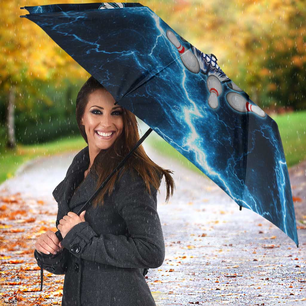 Personalized Bowling Skull Umbrella with Blue Flame Energy and Electric Lightning Strike Pattern - Wonder Print Shop