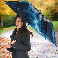 Personalized Bowling Skull Umbrella with Blue Flame Energy and Electric Lightning Strike Pattern - Wonder Print Shop