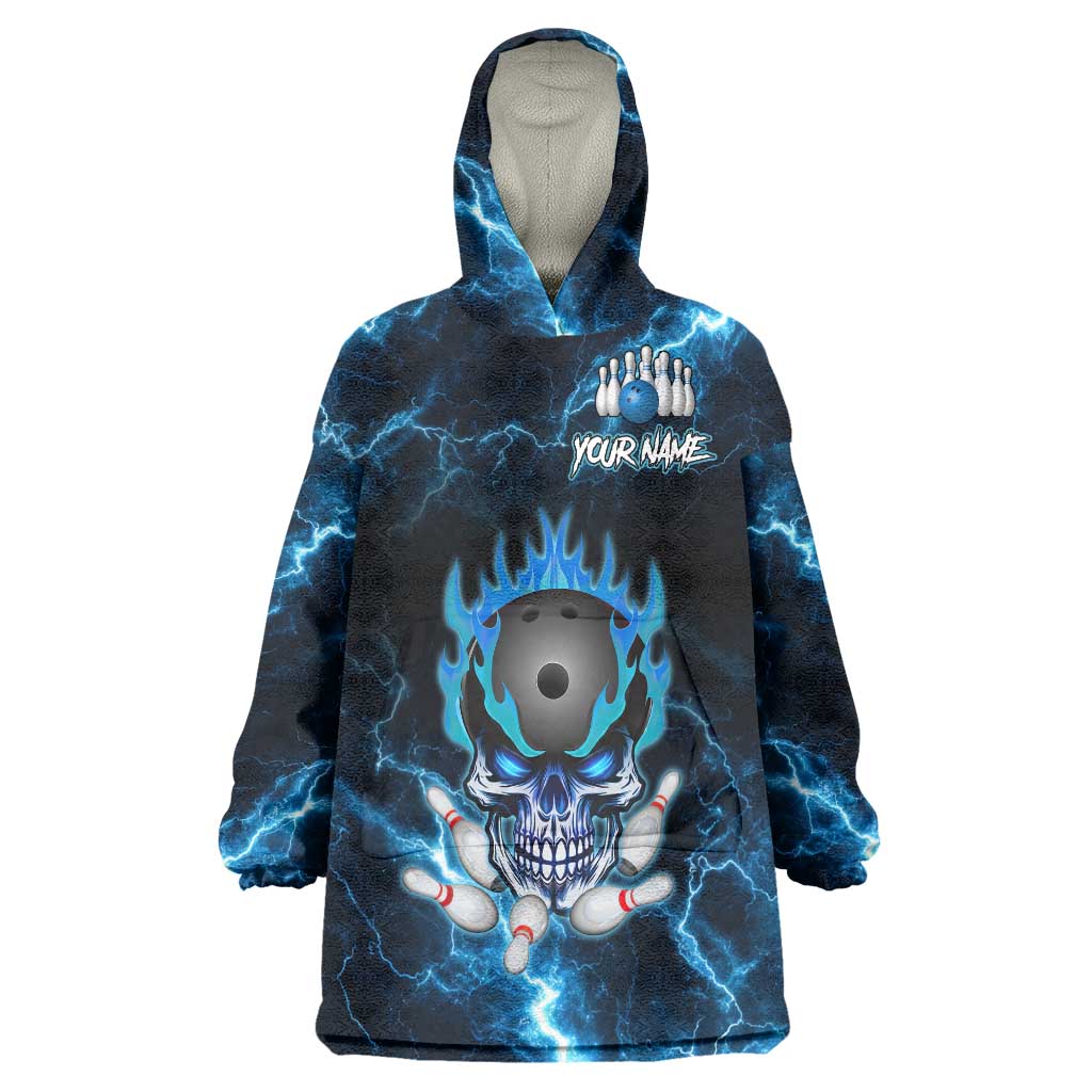 Personalized Bowling Skull Wearable Blanket Hoodie with Blue Flame Energy and Electric Lightning Strike Pattern - Wonder Print Shop