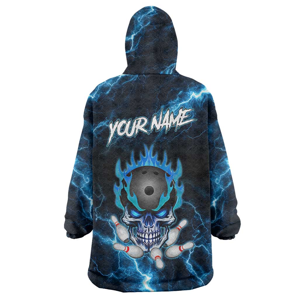 Personalized Bowling Skull Wearable Blanket Hoodie with Blue Flame Energy and Electric Lightning Strike Pattern - Wonder Print Shop