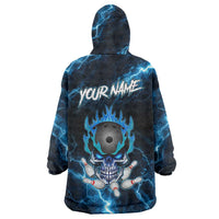 Personalized Bowling Skull Wearable Blanket Hoodie with Blue Flame Energy and Electric Lightning Strike Pattern - Wonder Print Shop