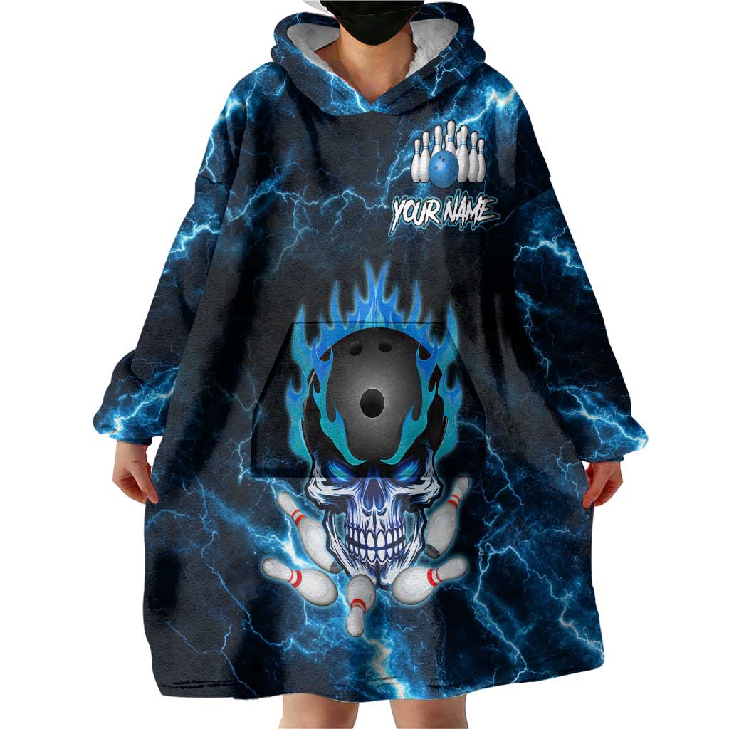 Personalized Bowling Skull Wearable Blanket Hoodie with Blue Flame Energy and Electric Lightning Strike Pattern - Wonder Print Shop