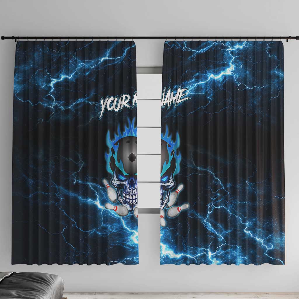 Personalized Bowling Skull Window Curtain with Blue Flame Energy and Electric Lightning Strike Pattern - Wonder Print Shop