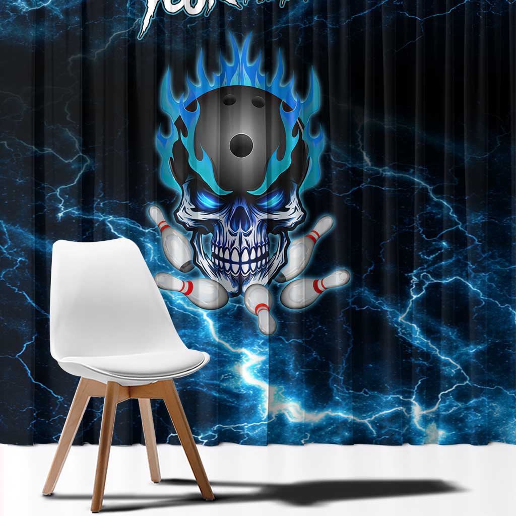 Personalized Bowling Skull Window Curtain with Blue Flame Energy and Electric Lightning Strike Pattern - Wonder Print Shop