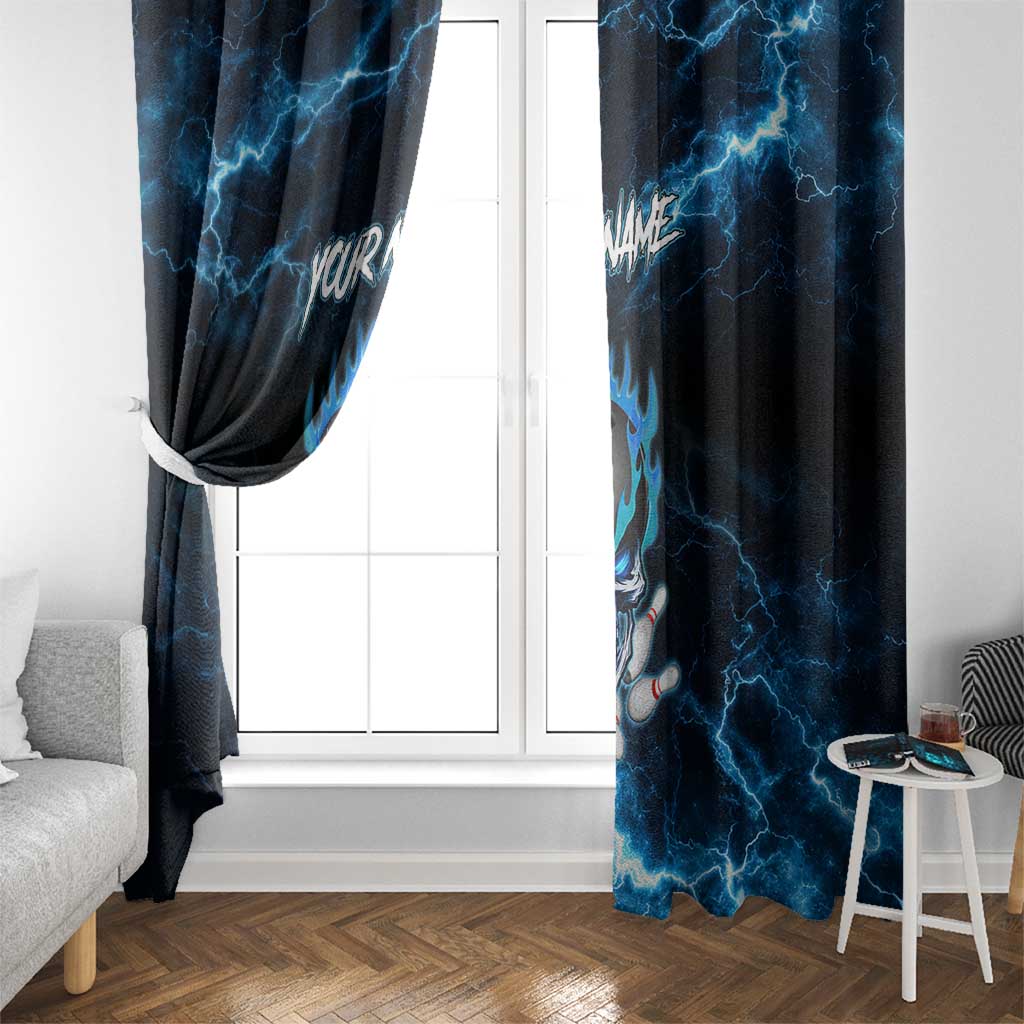 Personalized Bowling Skull Window Curtain with Blue Flame Energy and Electric Lightning Strike Pattern - Wonder Print Shop