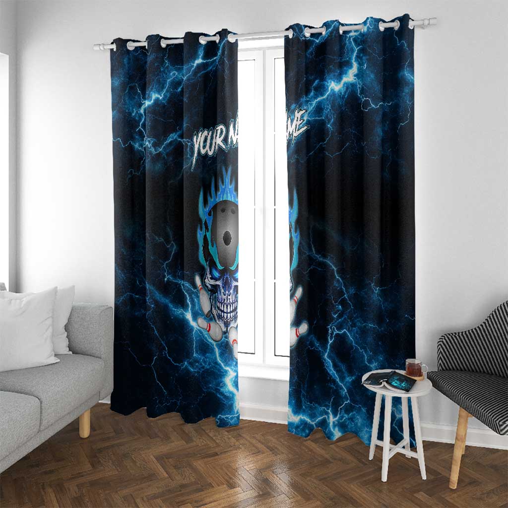Personalized Bowling Skull Window Curtain with Blue Flame Energy and Electric Lightning Strike Pattern - Wonder Print Shop