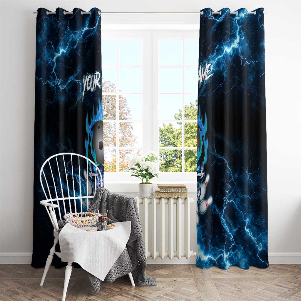 Personalized Bowling Skull Window Curtain with Blue Flame Energy and Electric Lightning Strike Pattern - Wonder Print Shop